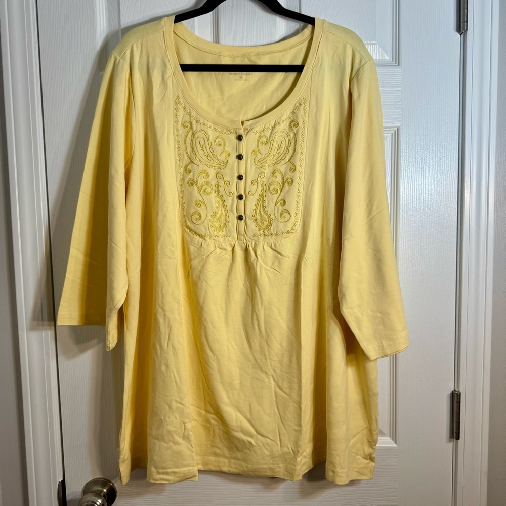 NWOT. Denim & Co. long sleeve embroidered tee. Size 3X. Pale yellow